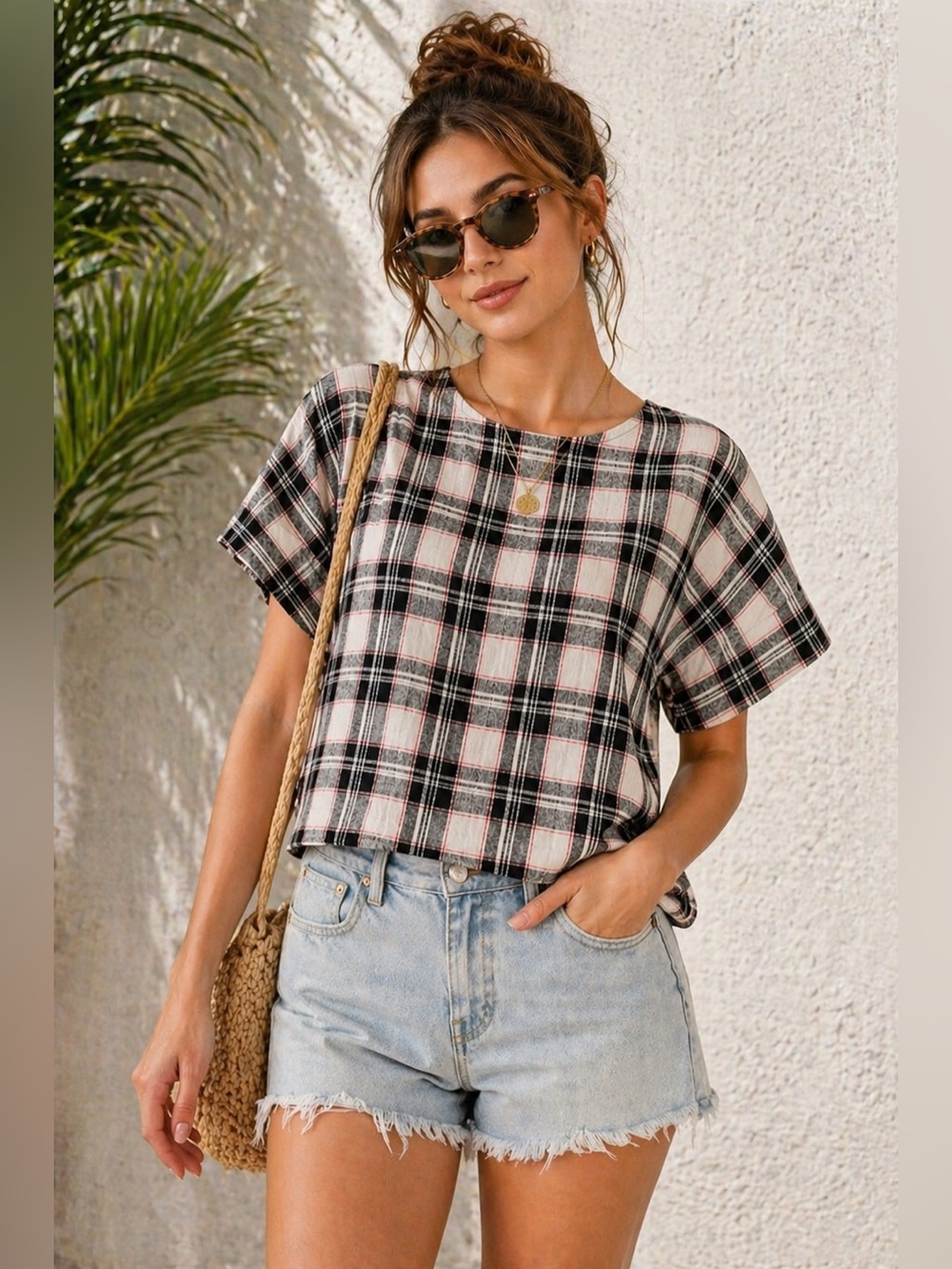 Zara Linen Gingham Plaid Boxy Cropped Top XS Black White Summer Button Back